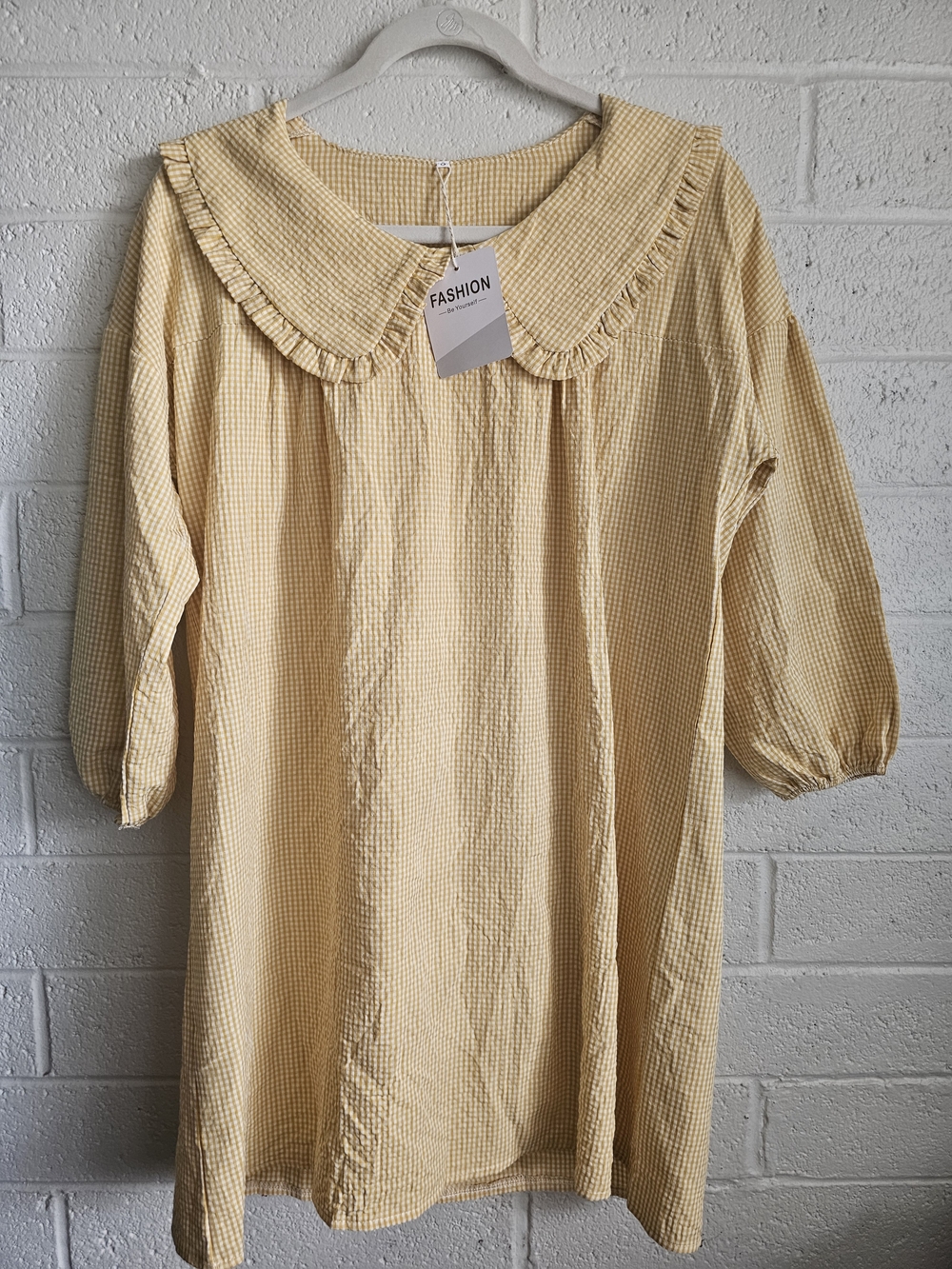 New Yellow Gingham Peter Pan Collar Ruffle Blouse Top Size S